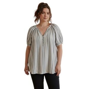 Joie Stripe V-Neck Short Sleeve Pleated Blouse in White/Black Size 1X